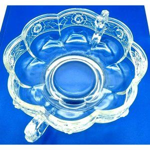 Pressed Glass Dish Bowl Embossed Roses Ornate Handles Vintage Pedestal Bottom